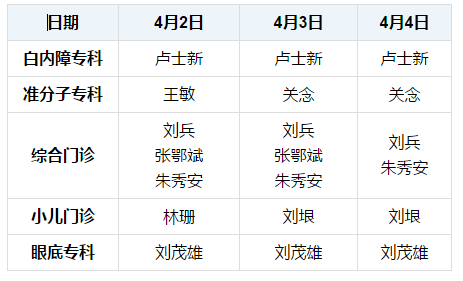 【排班】武汉普瑞眼科医院2017年清明小长假医生坐诊表